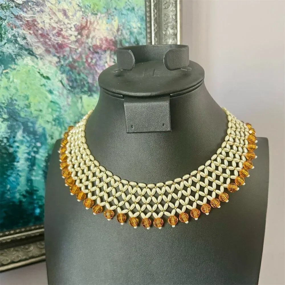 Gold Tone Mesh Choker Necklace with Amber Beads Adjustable Clasp